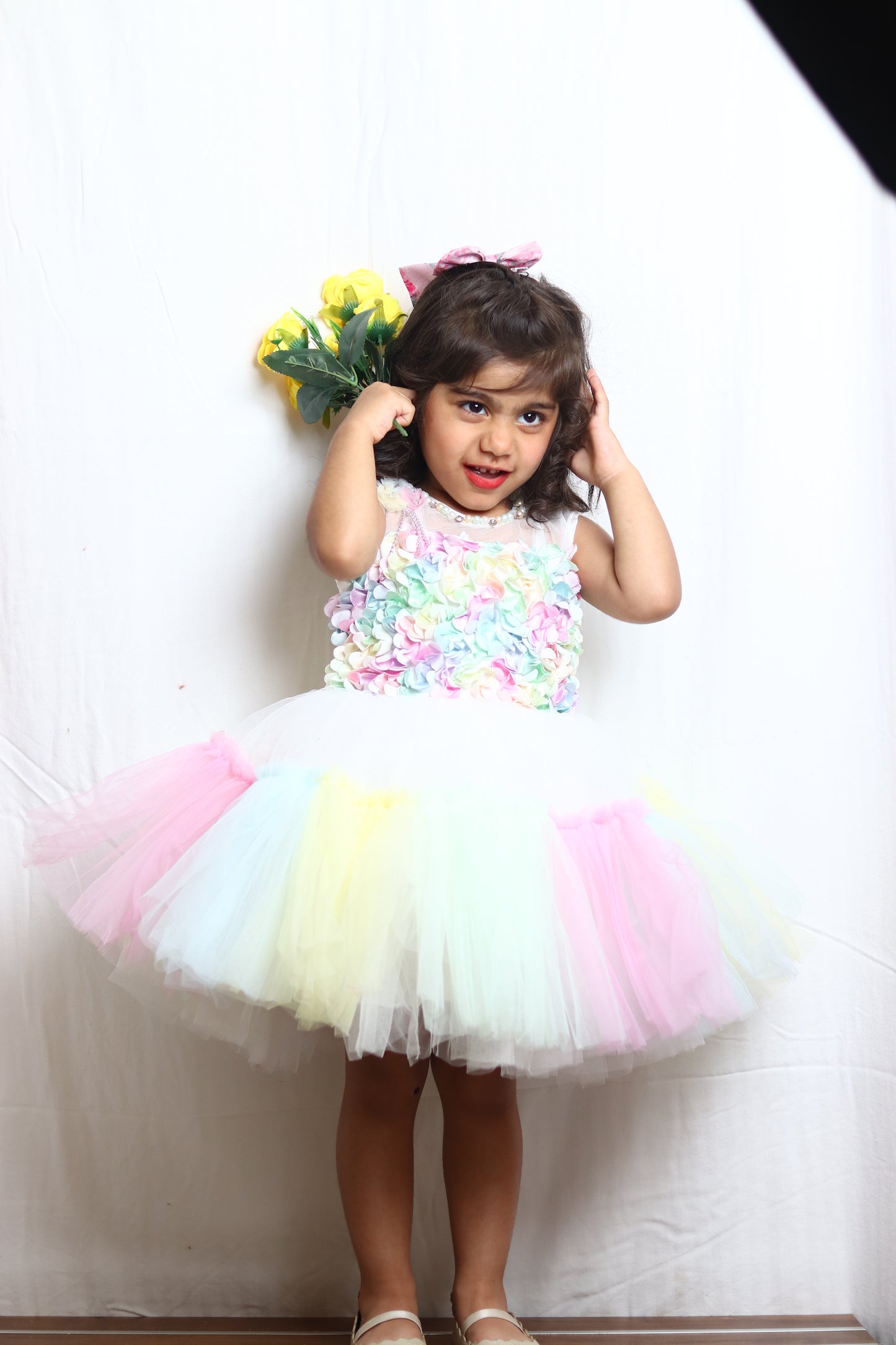 Light Multicolor Girls Frock Suit With Flower Detailing