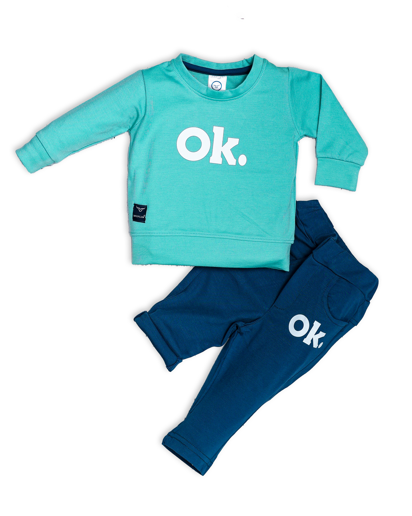 Boy's Set of Green T-shirt and Blue Pants With Ok. Print