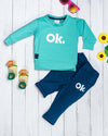 Boy's Set of Green T-shirt and Blue Pants With Ok. Print
