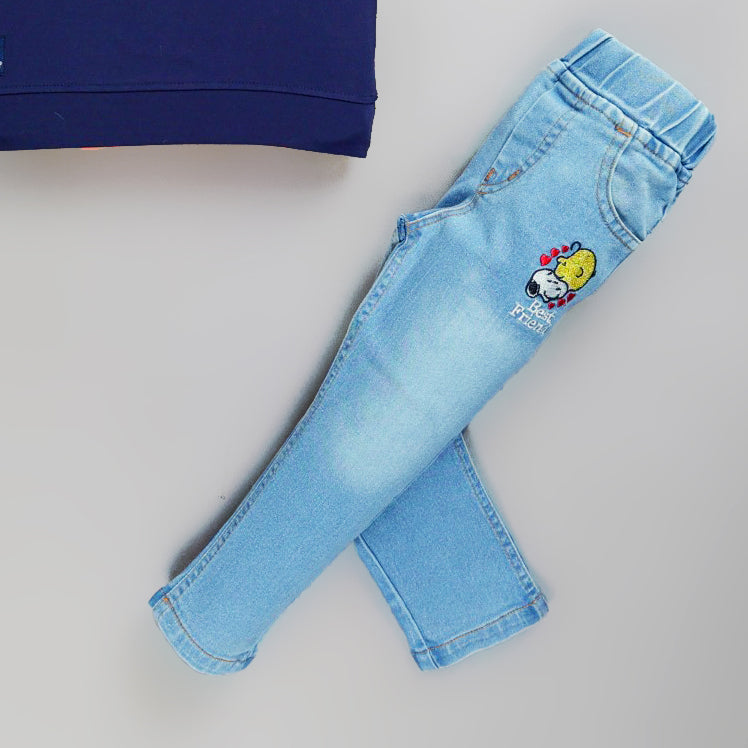 Boy's Set Of Printed Navy Blue T-shirts And Denim Pants