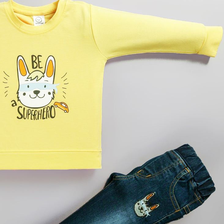Boy's Set Of Printed Yellow T-shirts And Denim Pants