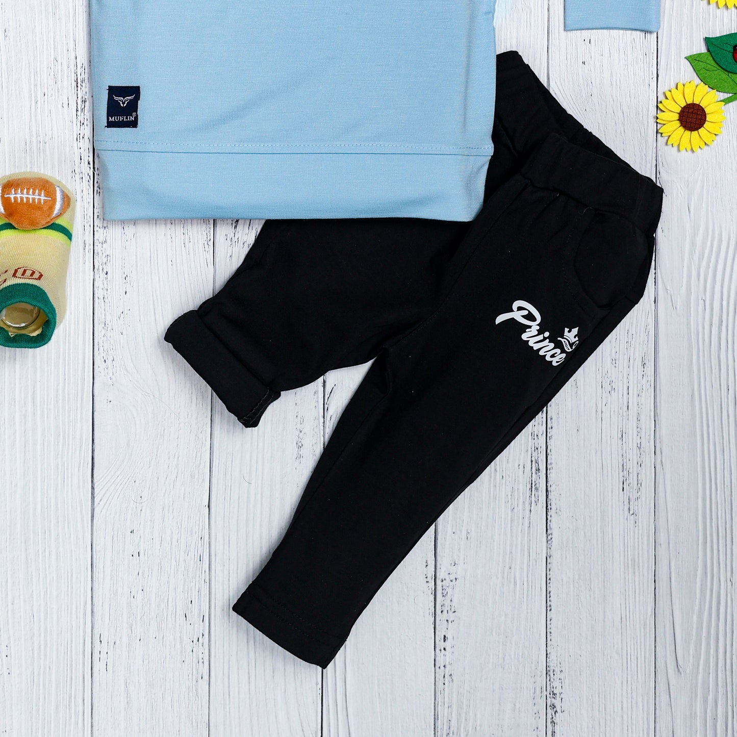 Boy's Set of Sky Blue T-shirt and Black Pants With Prince Print