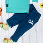 Boy's  Set of Green T-shirt and Blue Pants With Ok. Print