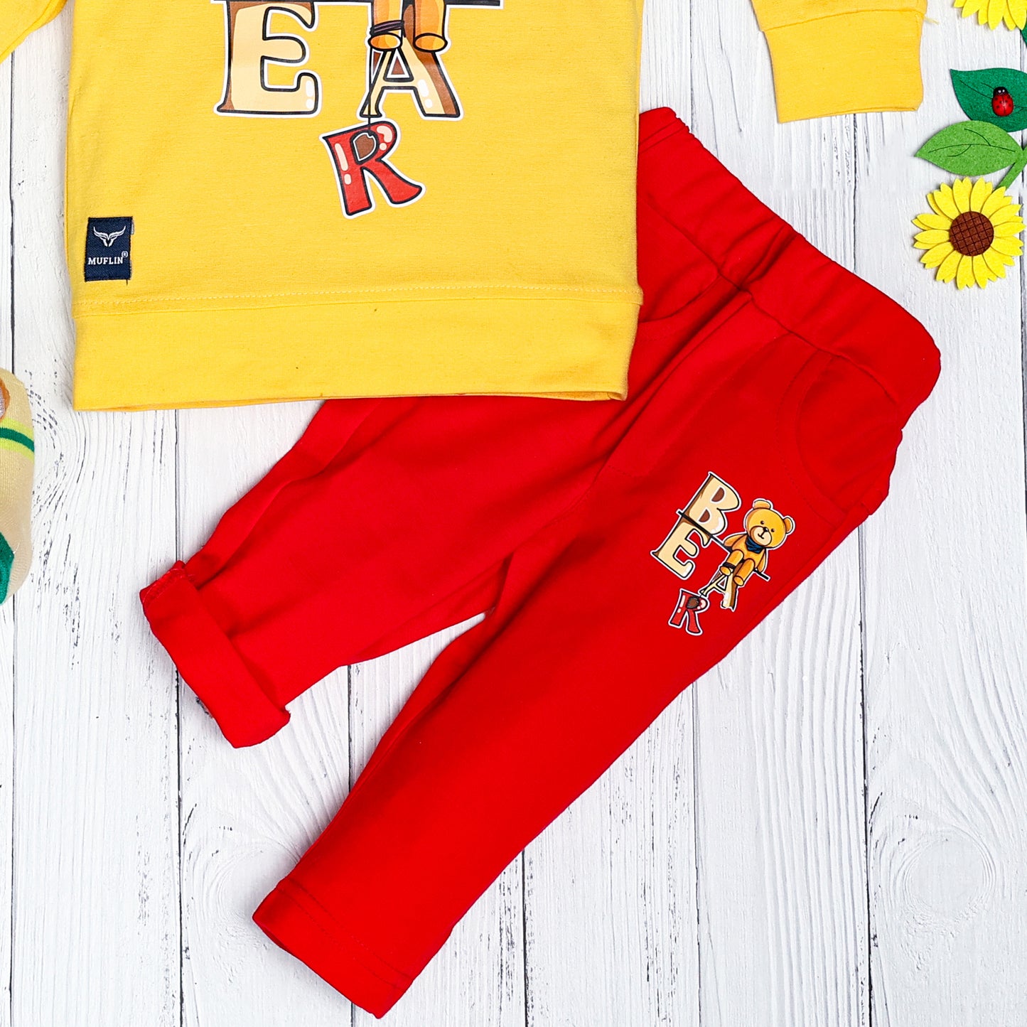 Boy's Set of Yellow T-shirt and Red Pants With Cute Bear Print