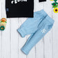 Boys Casual Wear Set Of Black T-shirt and Sky Blue Pants With Limited Edition Print