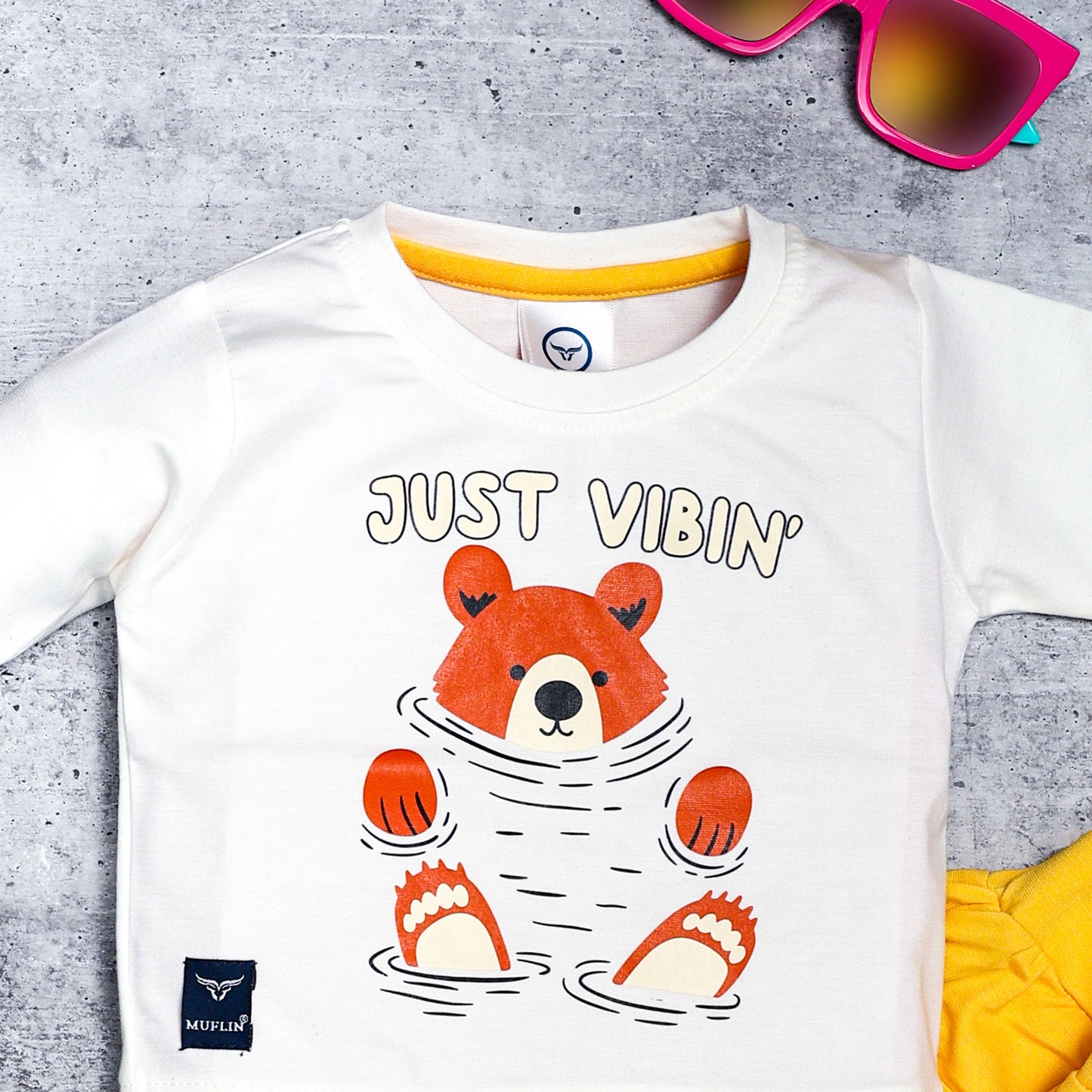 Boy's Set of White T-shirt and Yellow Pants With Cute Bear Print