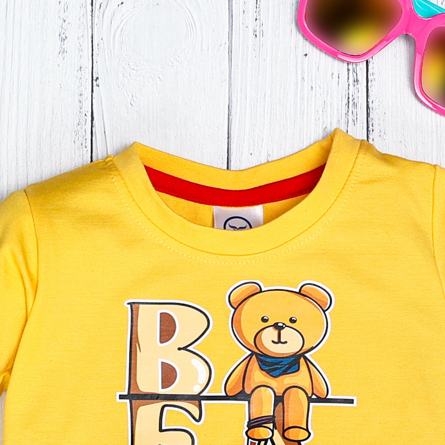 Boy's Set of Yellow T-shirt and Red Pants With Cute Bear Print