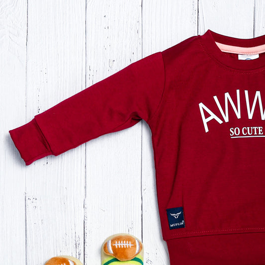 Boy's Set of Maroon T-shirt and Pink Pants With Aww!! So Cute Print