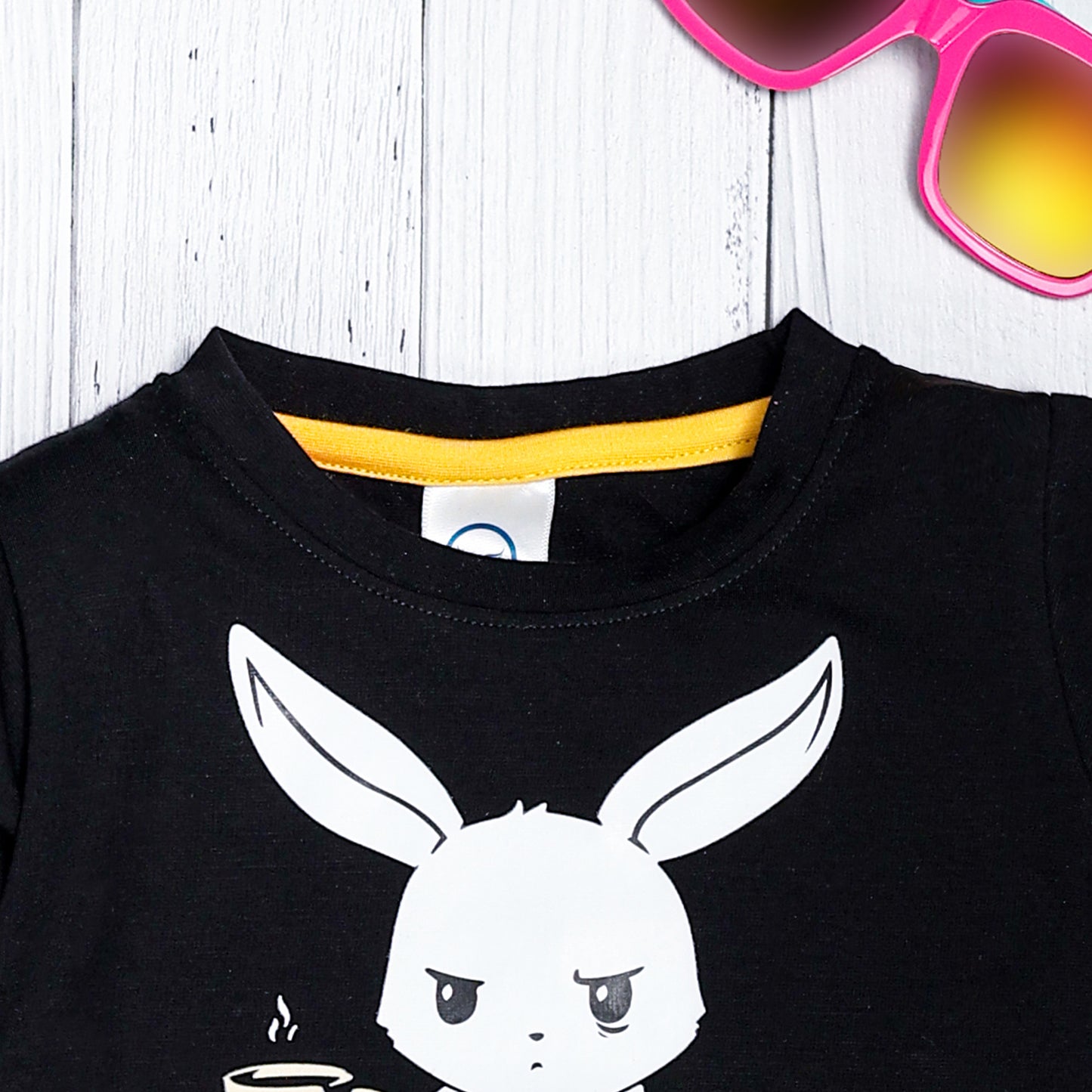 Boys Set Of Black T-shirt and Yellow Pants With Rabbit Print