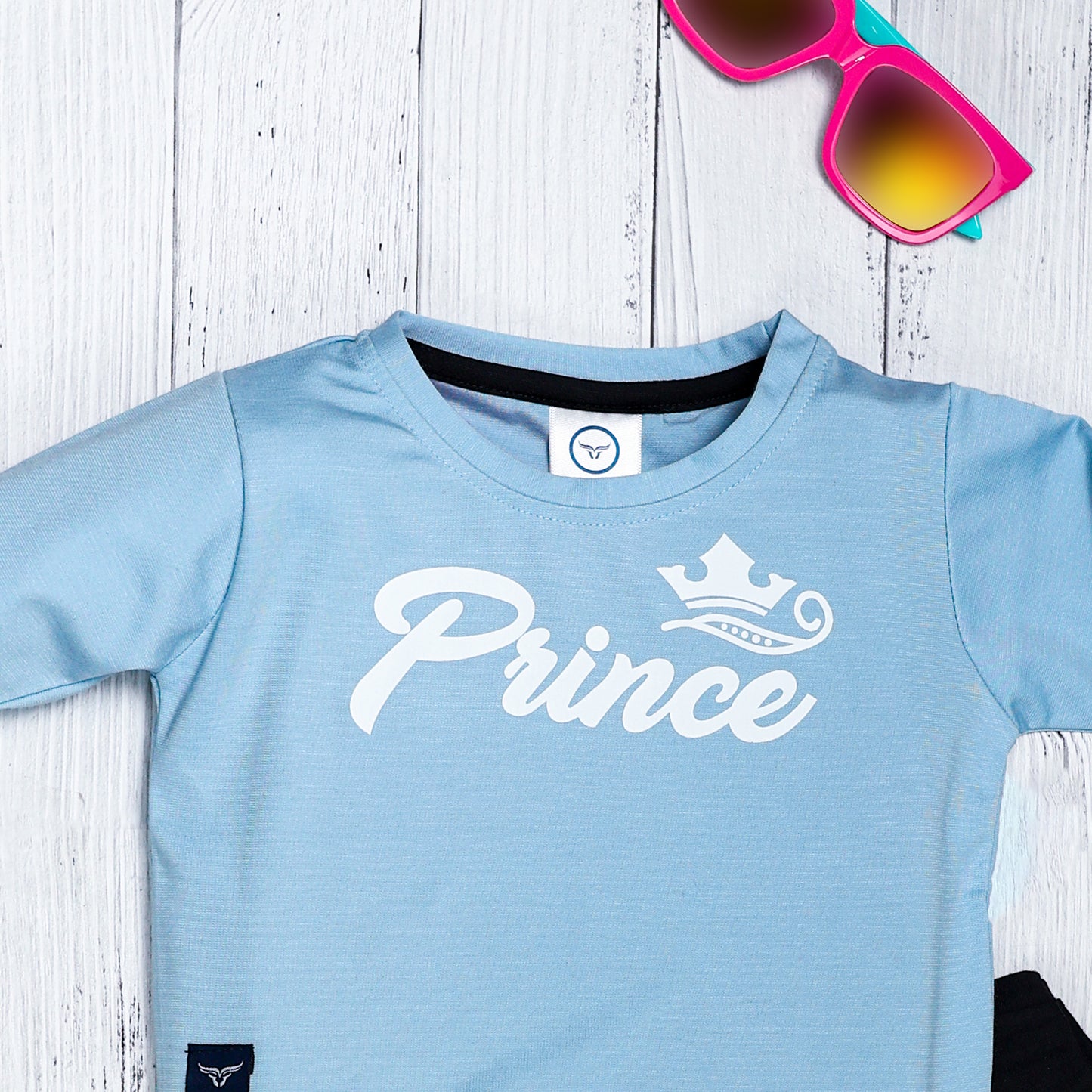 Boy's Set of Sky Blue T-shirt and Black Pants With Prince Print