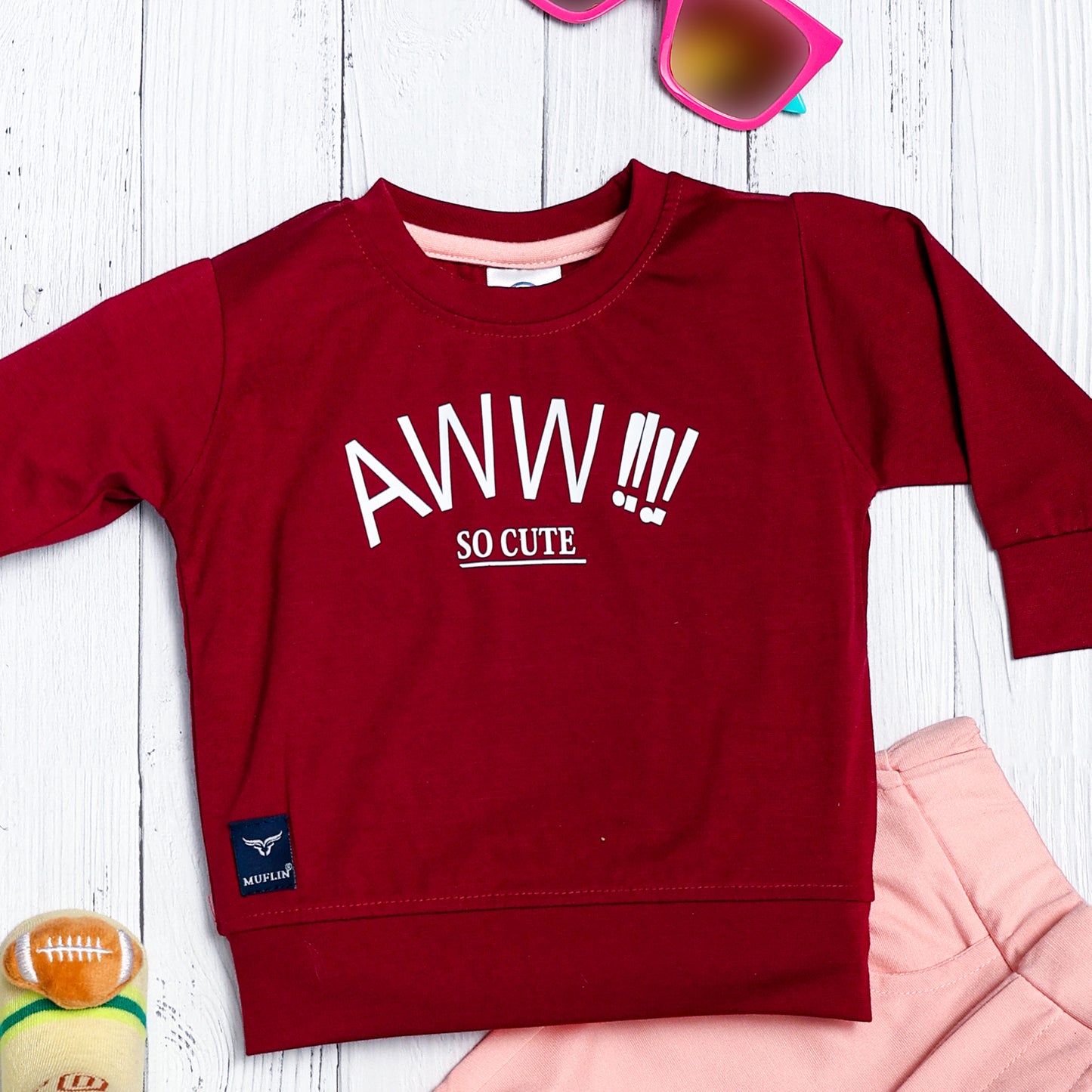 Boy's Set of Maroon T-shirt and Pink Pants With Aww!! So Cute Print