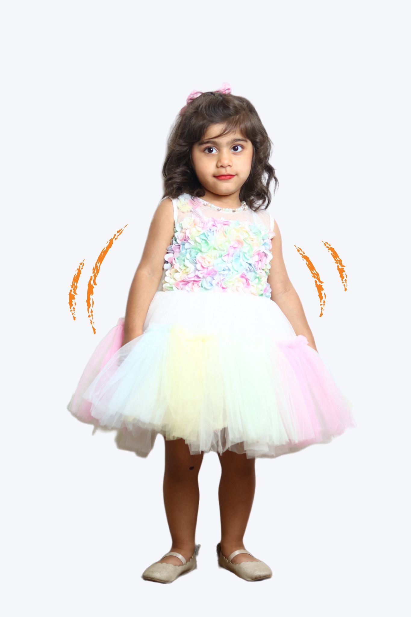 Light Multicolor Girls Frock Suit With Flower Detailing