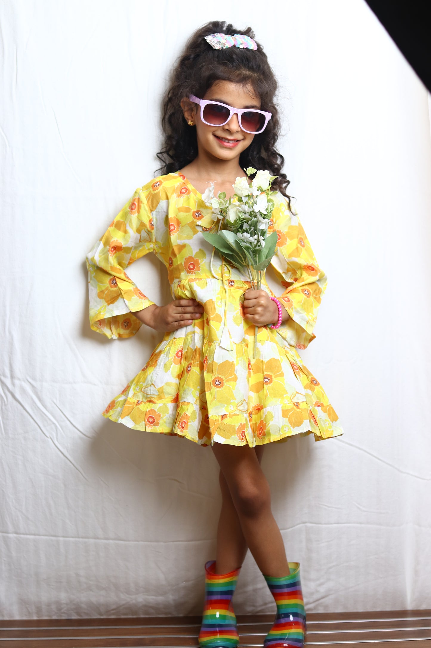 Yellow Floral Print Casual Dress