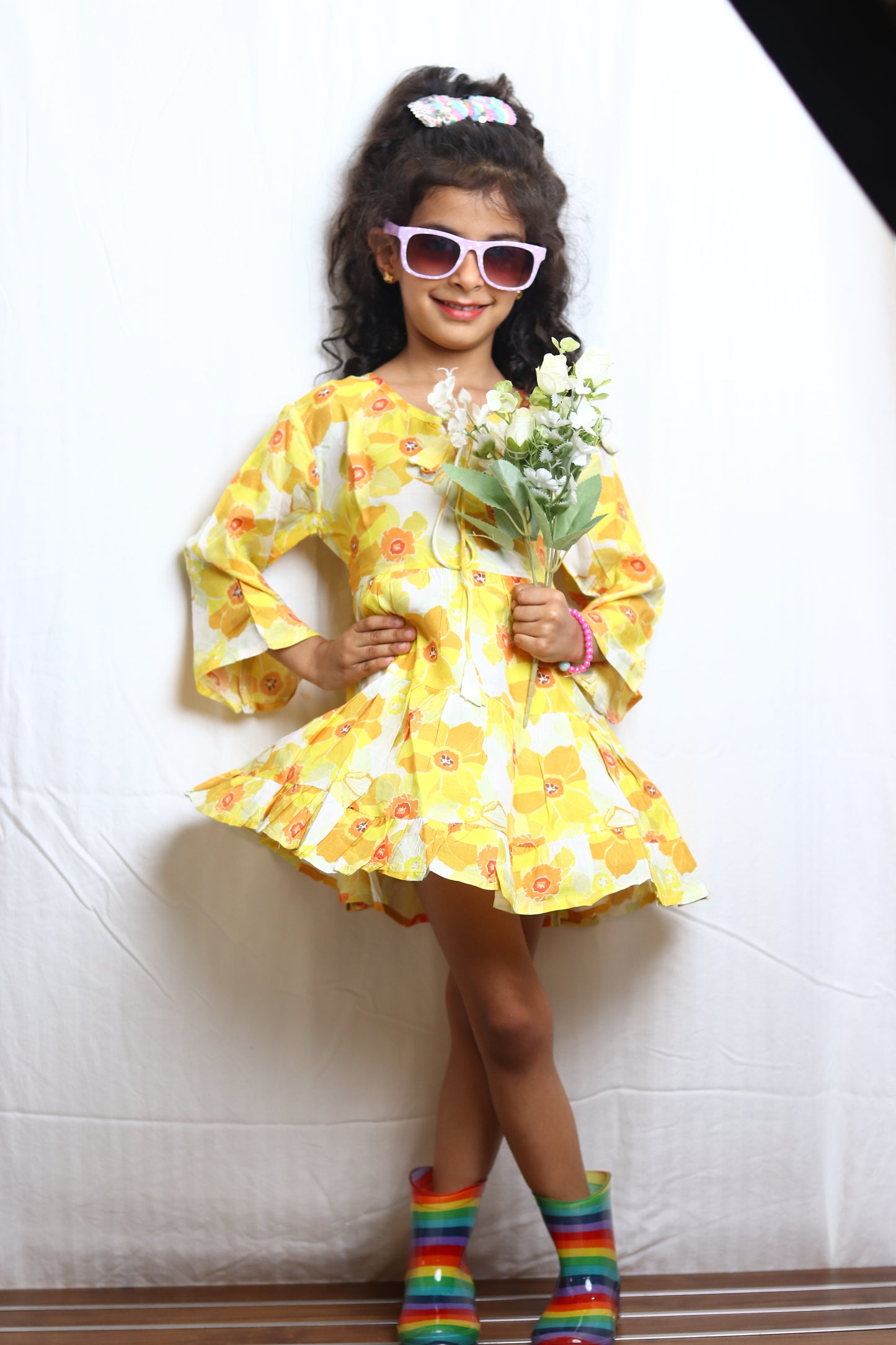 Yellow Floral Print Casual Dress