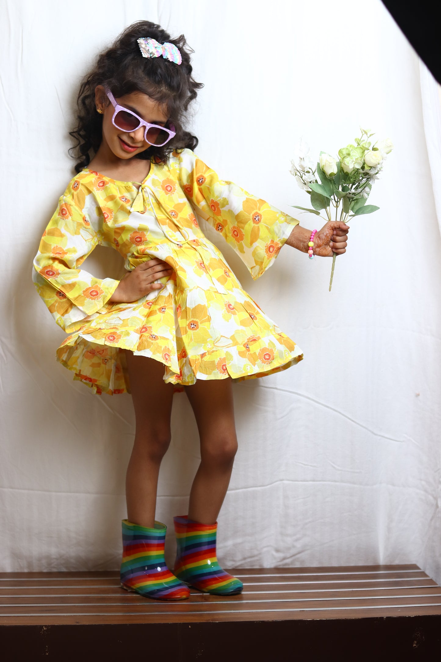 Yellow Floral Print Casual Dress