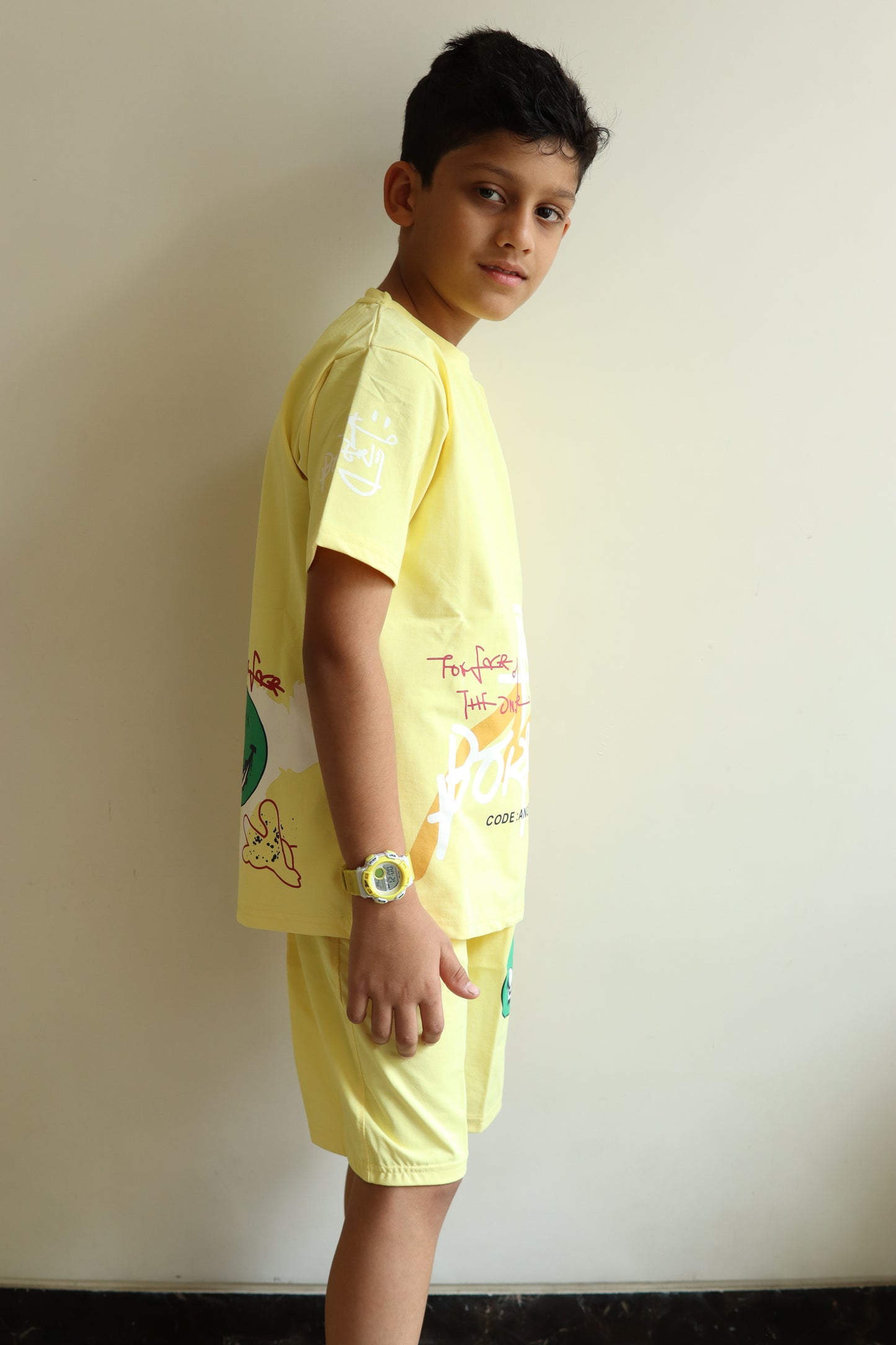 Boys Printed Yellow Cord Set