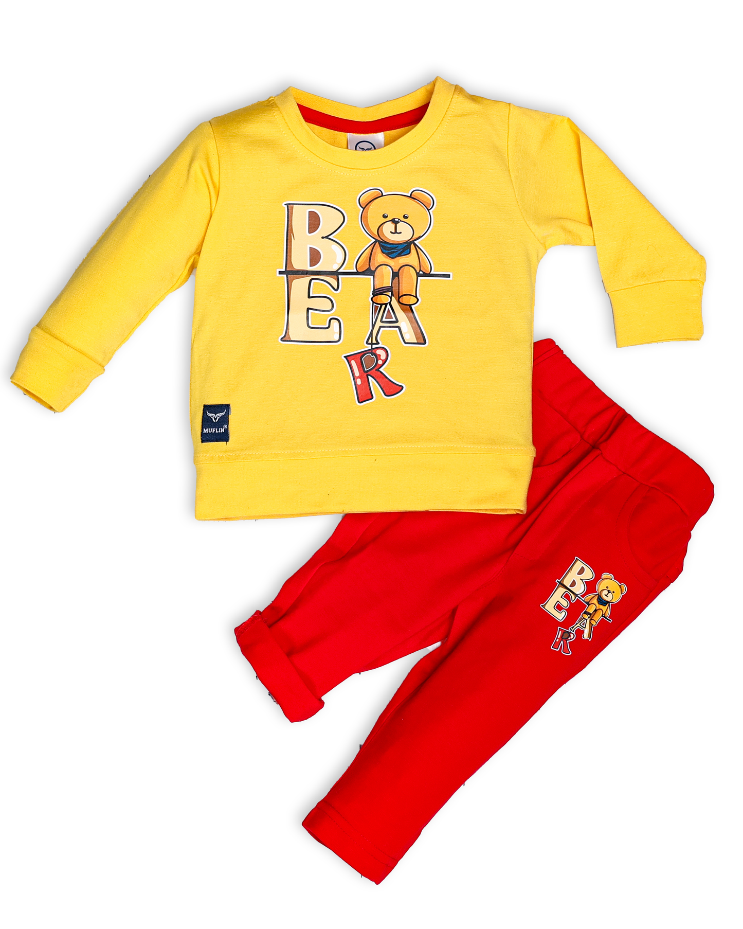 Boy's Set of Yellow T-shirt and Red Pants With Cute Bear Print