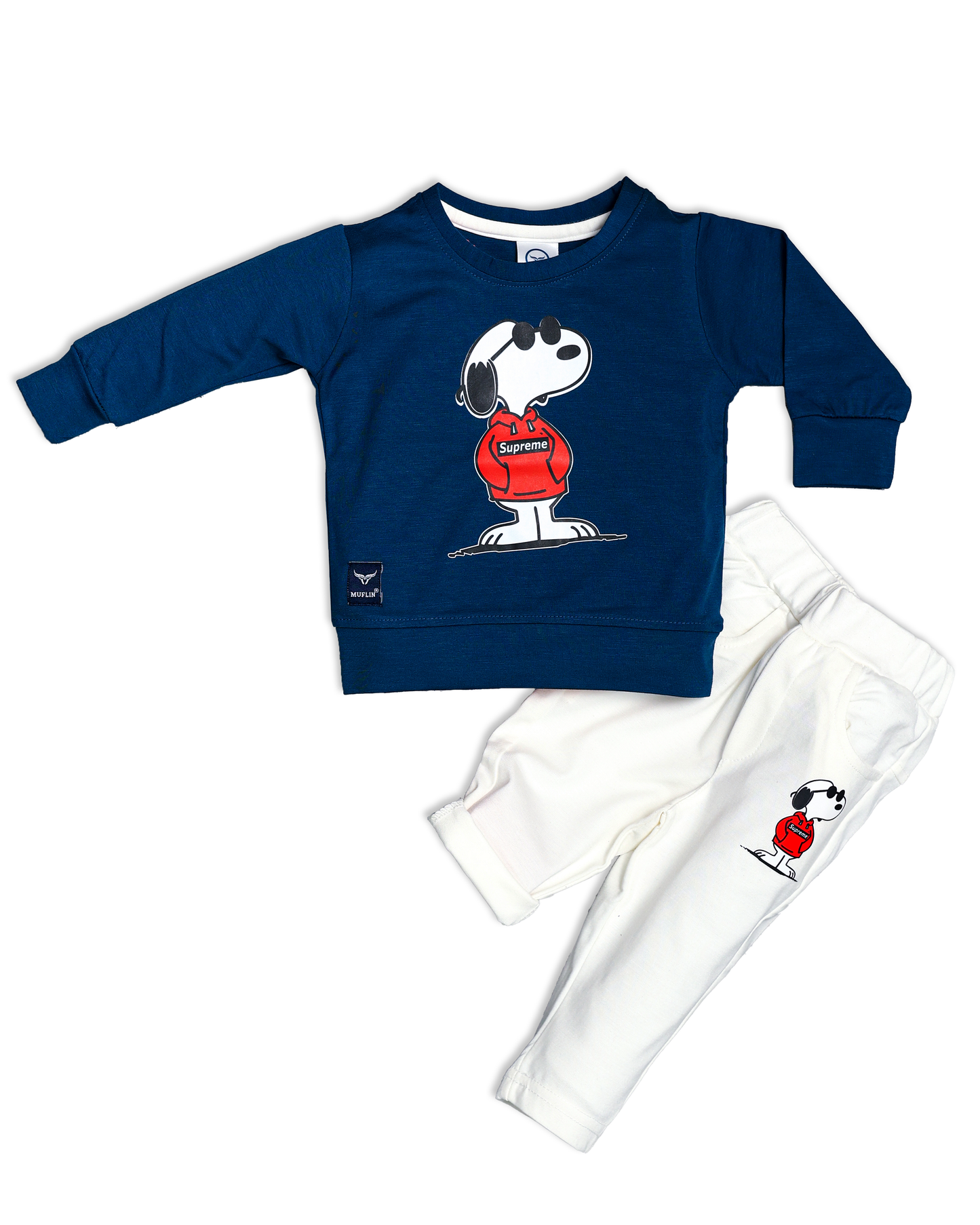 Boy's  Set of Blue T-shirt and White Pants with Snoopy Print