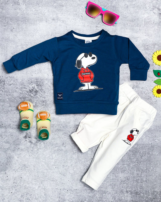 Boy's  Set of Blue T-shirt and White Pants with Snoopy Print