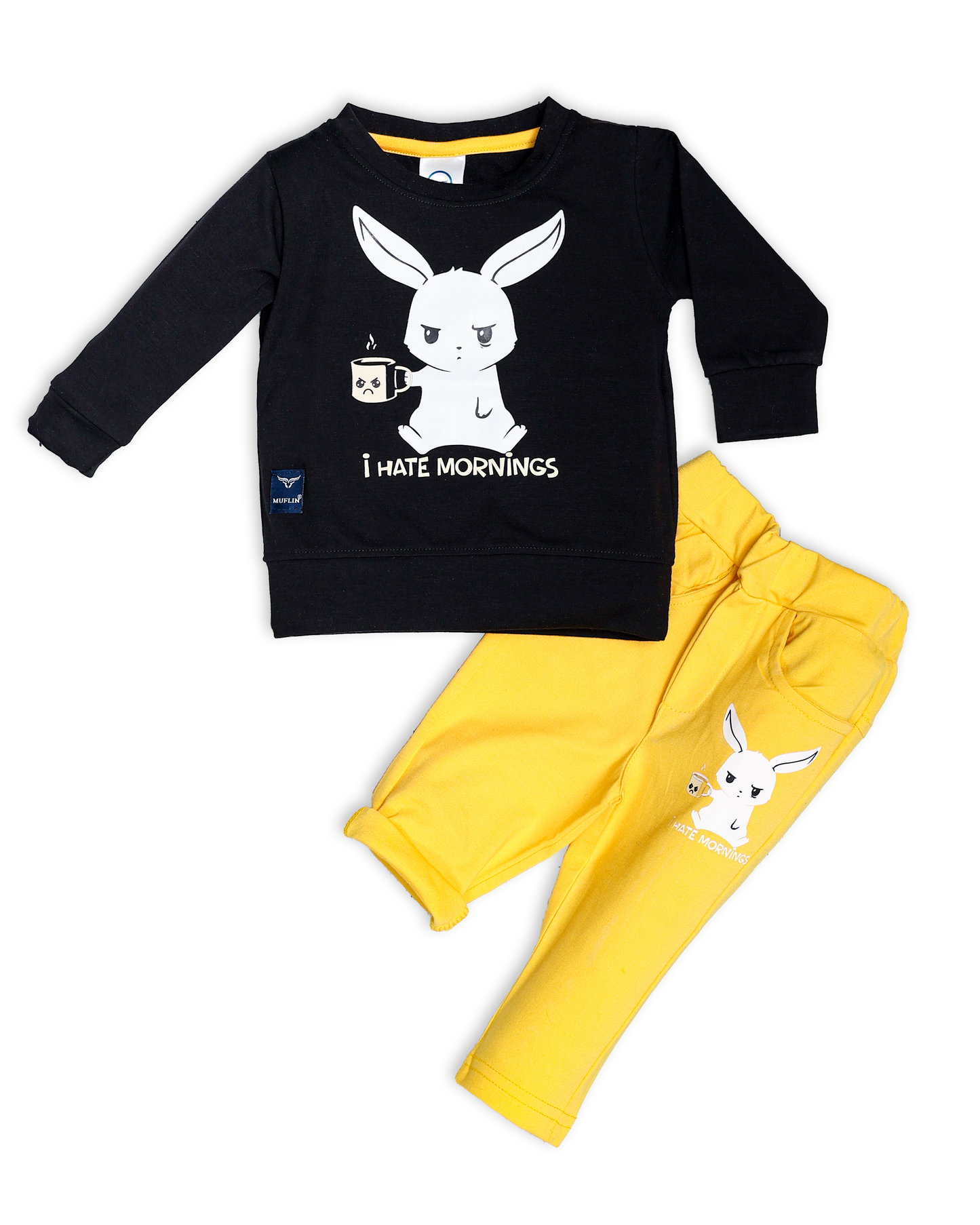 Boys Set Of Black T-shirt and Yellow Pants With Rabbit Print