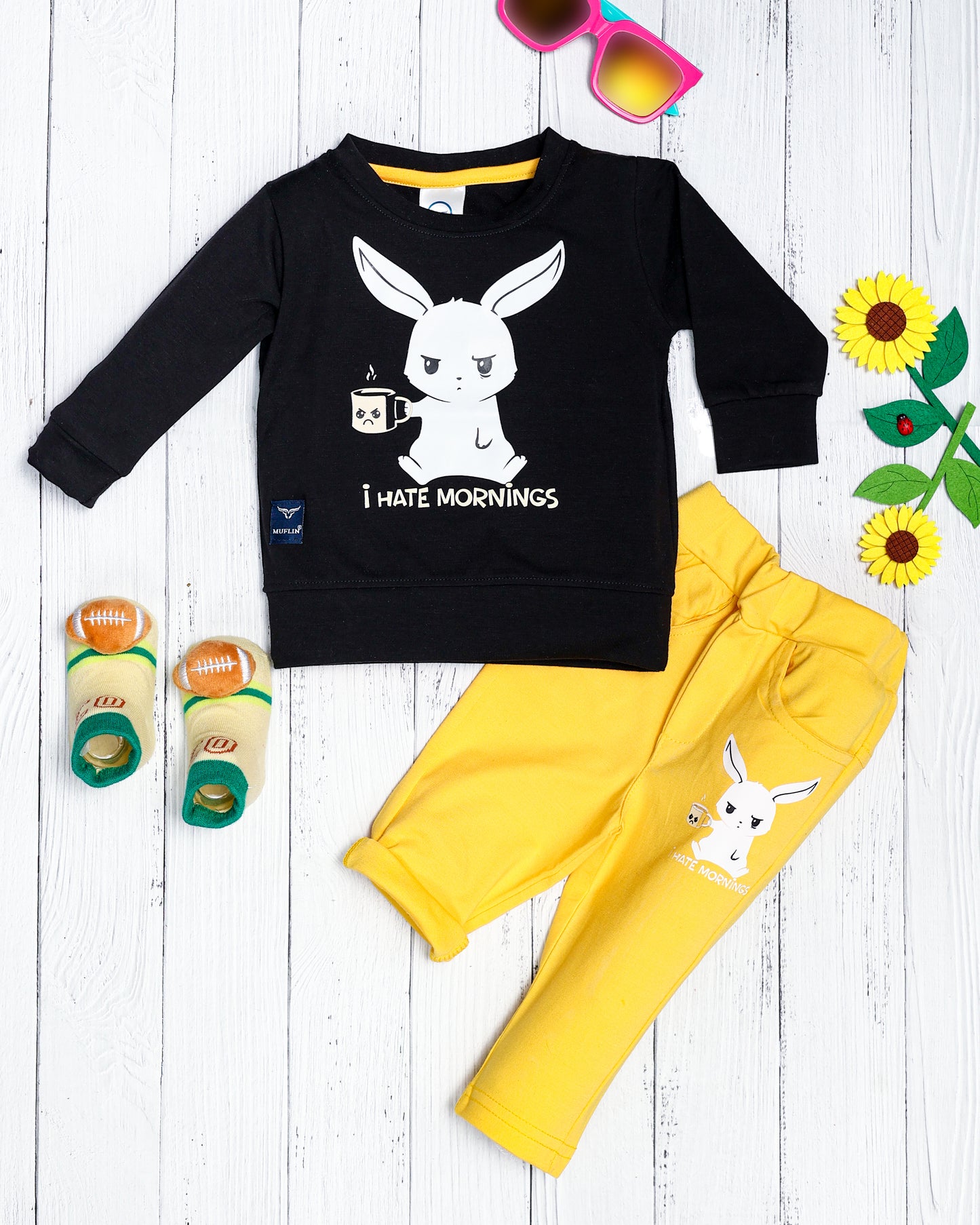 Boys Set Of Black T-shirt and Yellow Pants With Rabbit Print