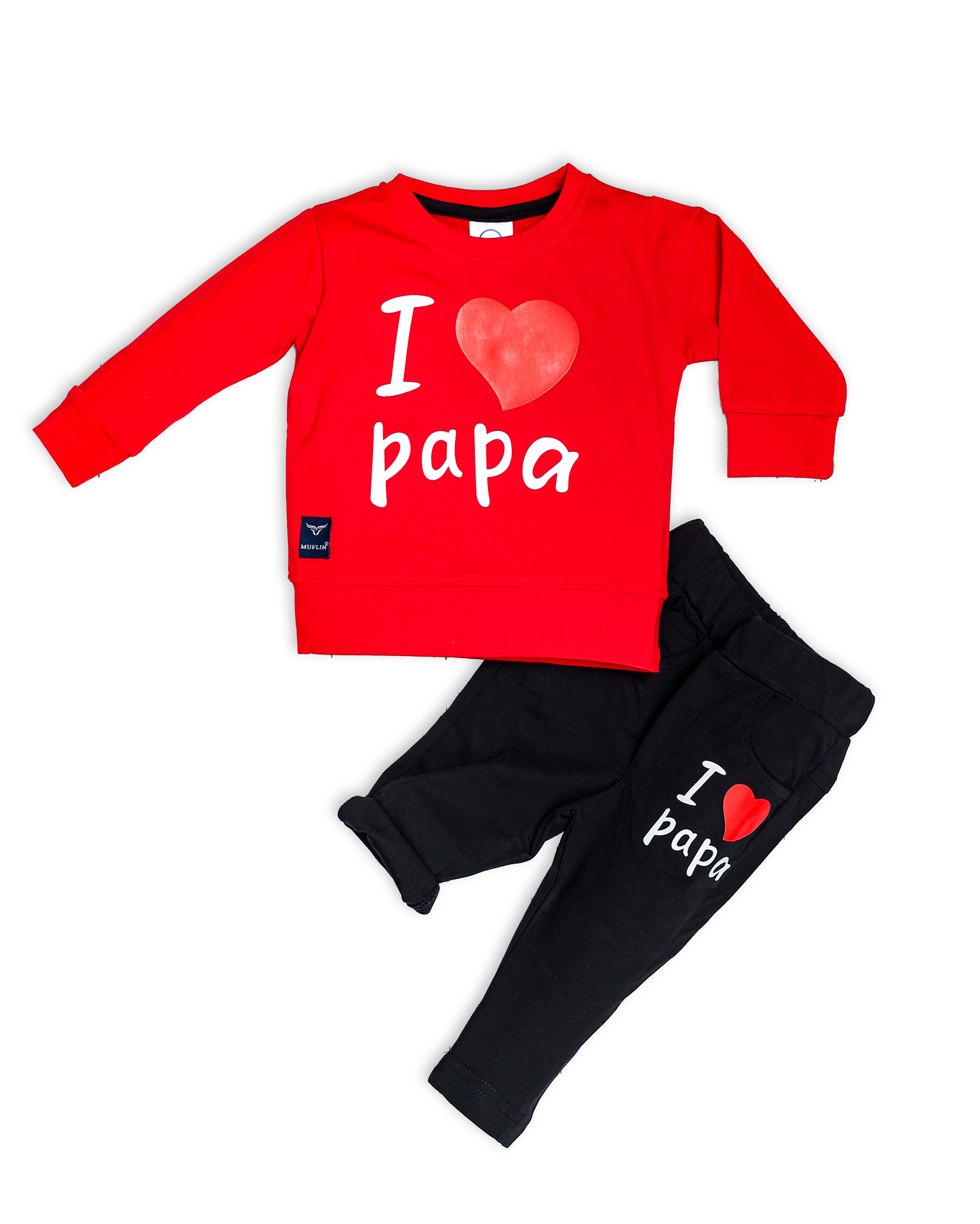 Boy's Set of Red T-shirt and Black Pants With I Love Papa Print