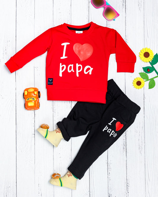 Boy's Set of Red T-shirt and Black Pants With I Love Papa Print