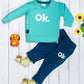 Boy's  Set of Green T-shirt and Blue Pants With Ok. Print