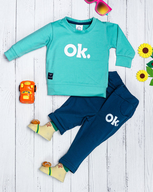 Boy's  Set of Green T-shirt and Blue Pants With Ok. Print