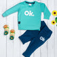 Boy's  Set of Green T-shirt and Blue Pants With Ok. Print