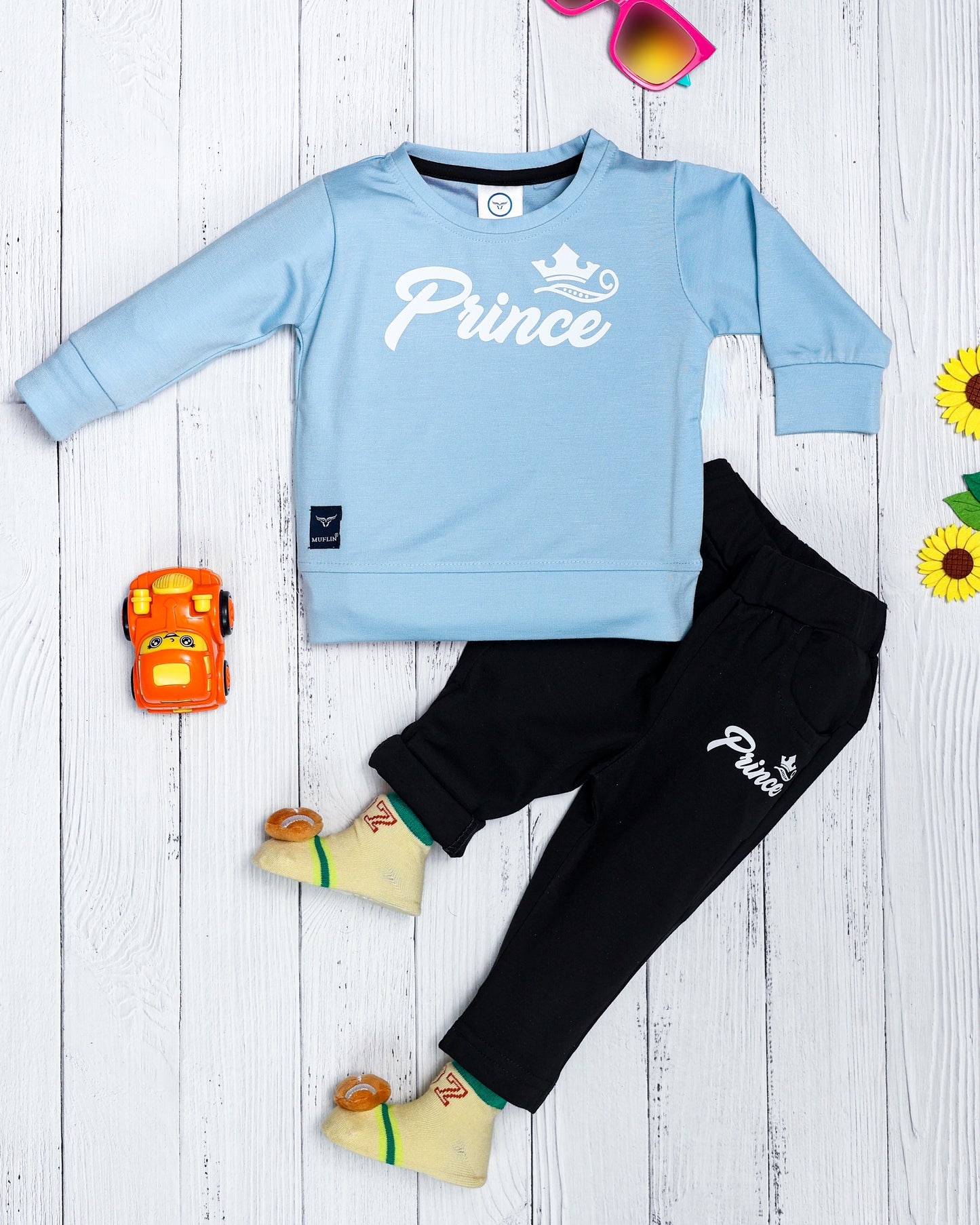 Boy's Set of Sky Blue T-shirt and Black Pants With Prince Print