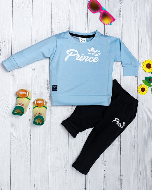 Boy's Set of Sky Blue T-shirt and Black Pants With Prince Print