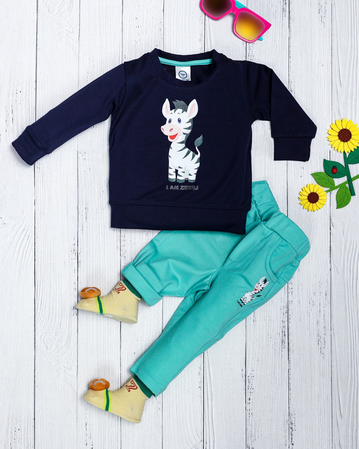 Boy's Set of Navy Blue T-shirt and Turquoise Color Pants With Cute Zebra Print