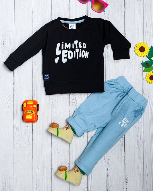 Boys Casual Wear Set Of Black T-shirt and Sky Blue Pants With Limited Edition Print