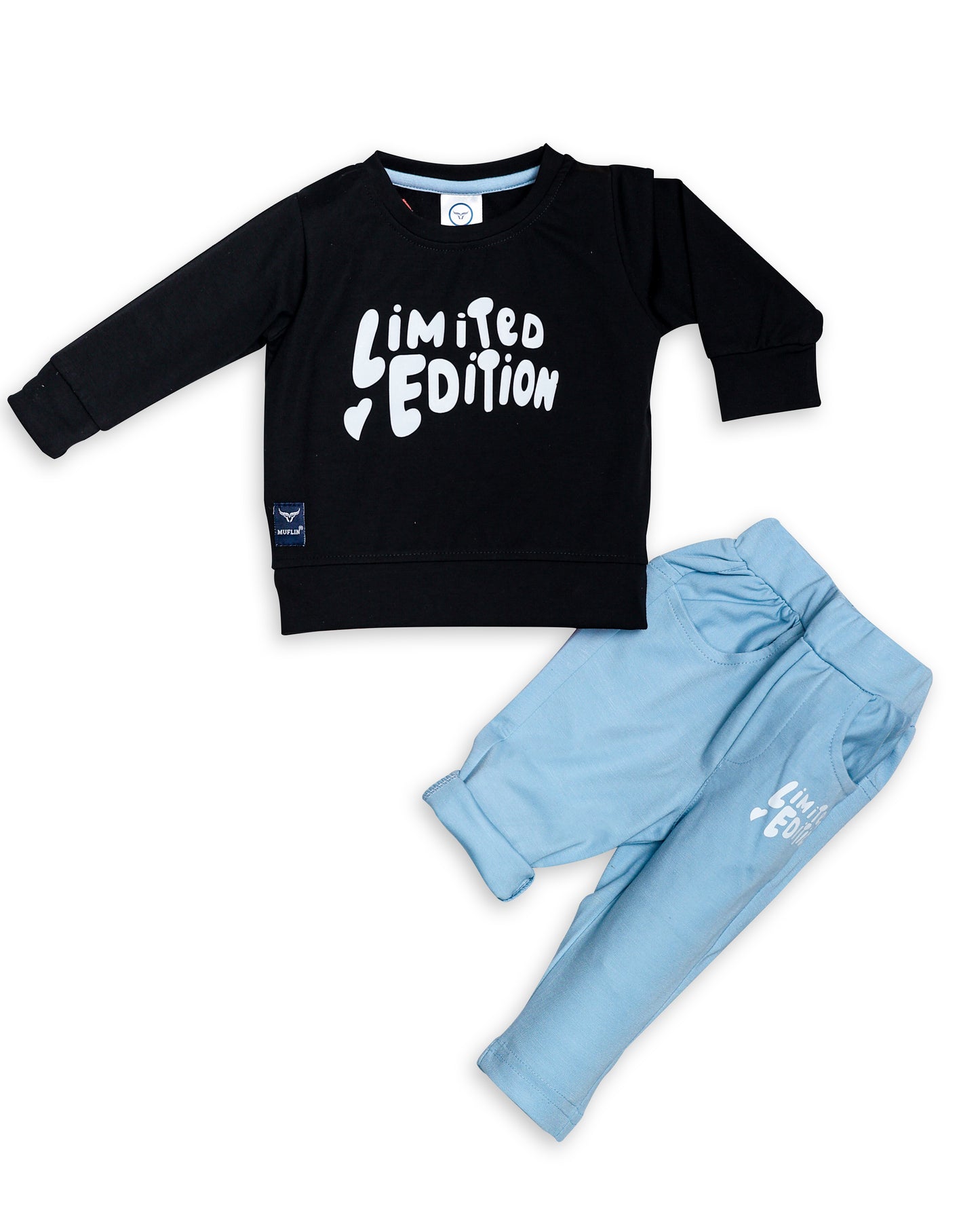 Boys Casual Wear Set Of Black T-shirt and Sky Blue Pants With Limited Edition Print