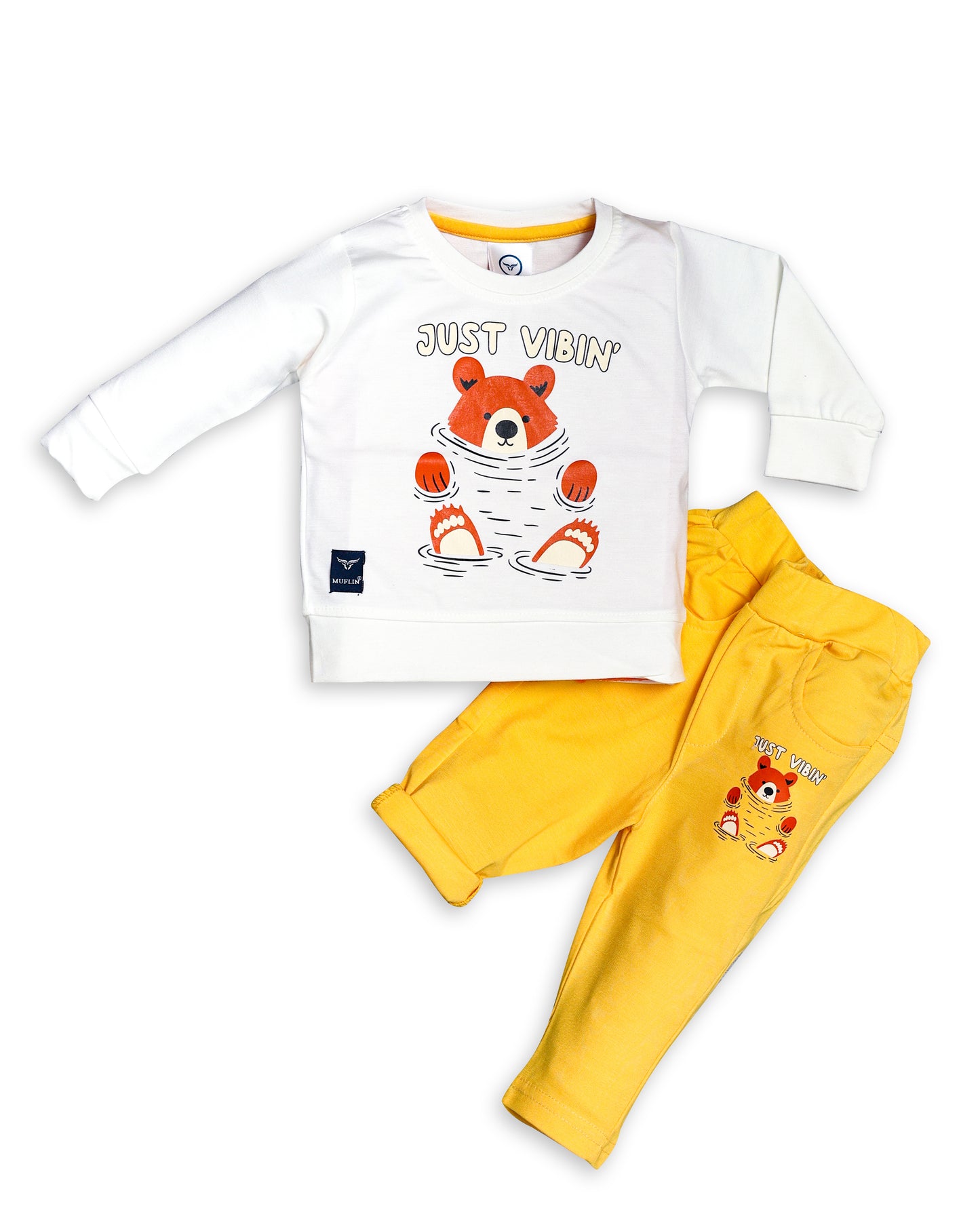 Boy's Set of White T-shirt and Yellow Pants With Cute Bear Print