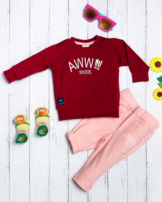 Boy's Set of Maroon T-shirt and Pink Pants With Aww!! So Cute Print