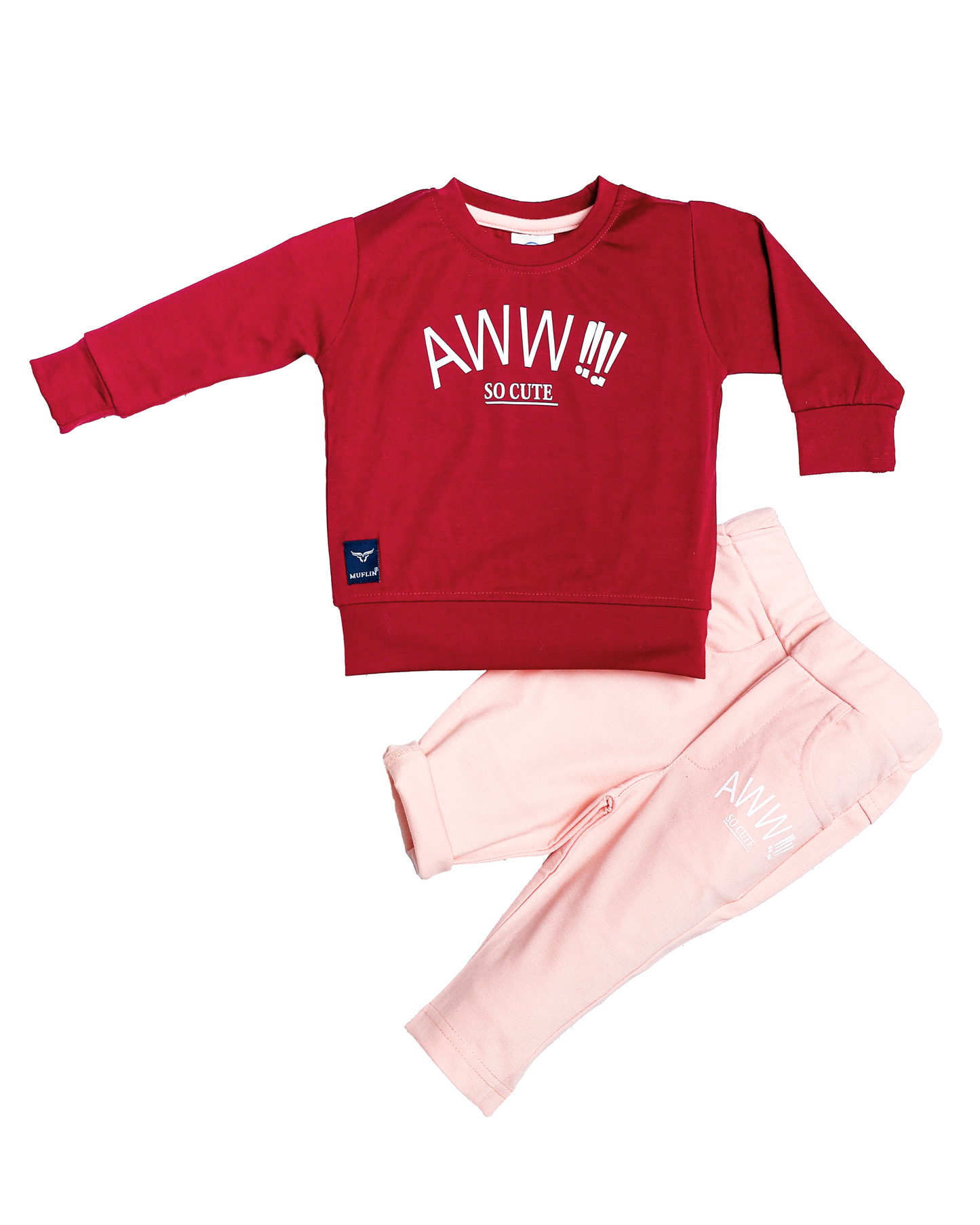 Boy's Set of Maroon T-shirt and Pink Pants With Aww!! So Cute Print