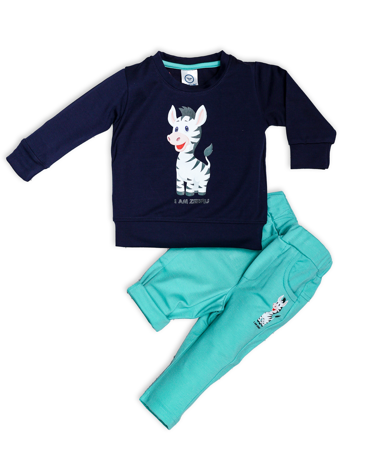 Boy's Set of Navy Blue T-shirt and Turquoise Color Pants With Cute Zebra Print