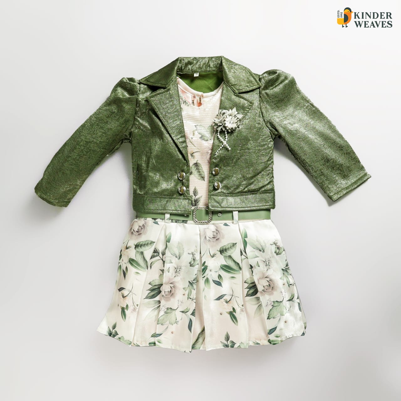 Leaf Printed Frock With Green Fur Jacket For Girls - Perfect Winter Outfit