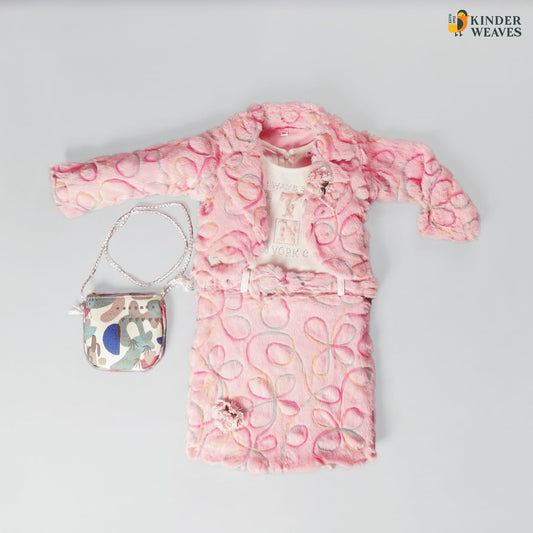 Cozy Winter Woolen Pink Color Dress For Girls It Also Includes Stylish Bag