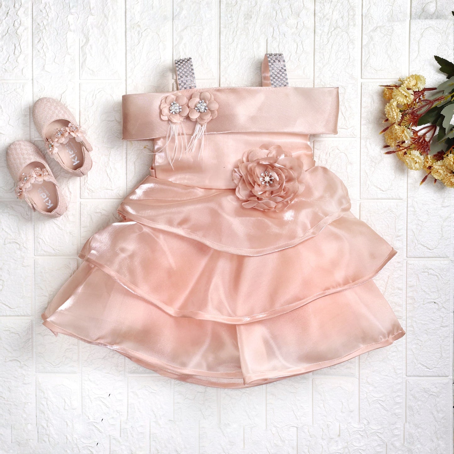 Peach off shoulder beautiful frock