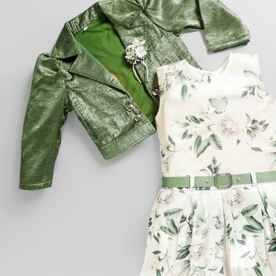 Leaf Printed Frock With Green Fur Jacket For Girls - Perfect Winter Outfit