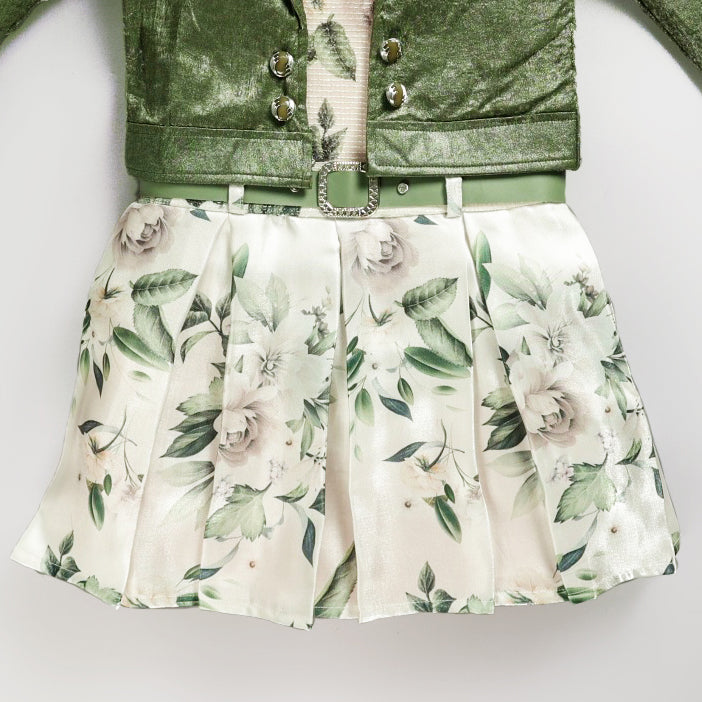 Leaf Printed Frock With Green Fur Jacket For Girls - Perfect Winter Outfit