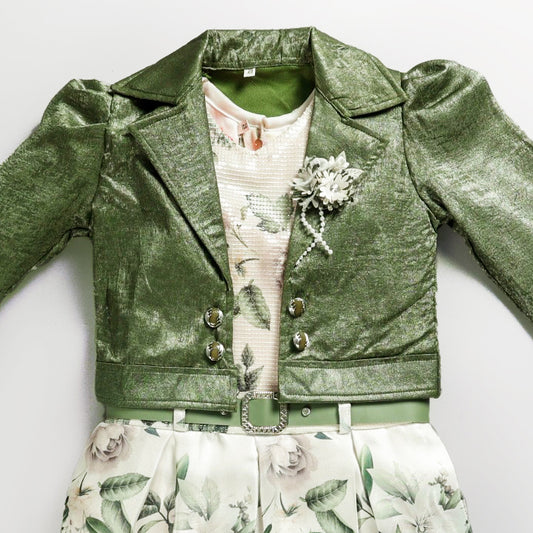 Leaf Printed Frock With Green Fur Jacket For Girls - Perfect Winter Outfit