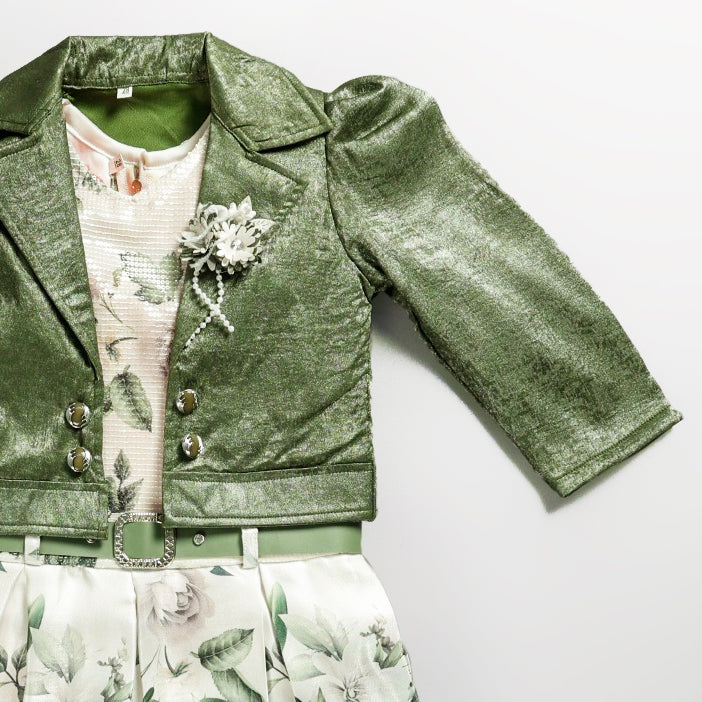 Leaf Printed Frock With Green Fur Jacket For Girls - Perfect Winter Outfit